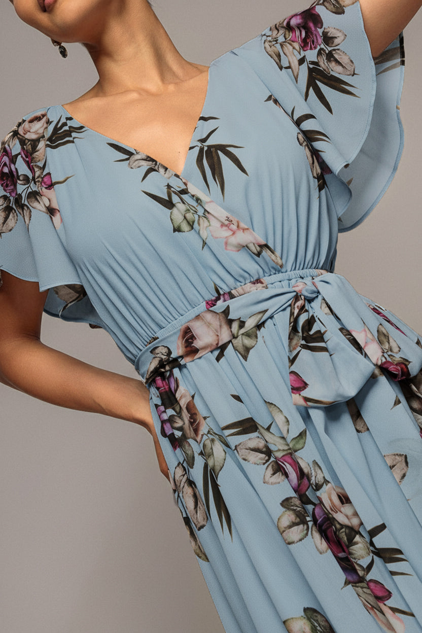 Sustainable Floral Print Midi Wrap Dress With Flutter Sleeves - Airforce Blue DR1641BBS