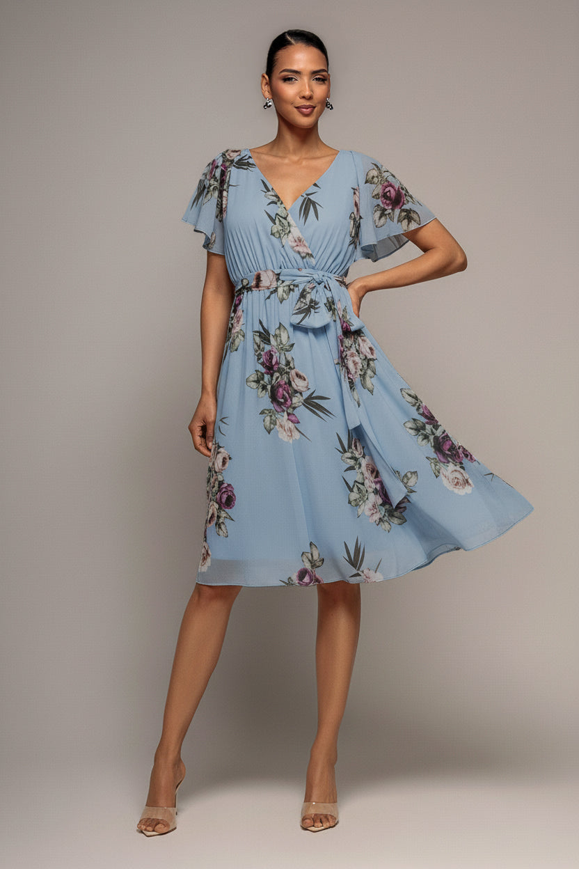 Sustainable Floral Print Midi Wrap Dress With Flutter Sleeves - Airforce Blue | Goddiva Sustainable Floral Print Midi Wrap Dress With Flutter Sleeves - Airforce Blue | Goddiva