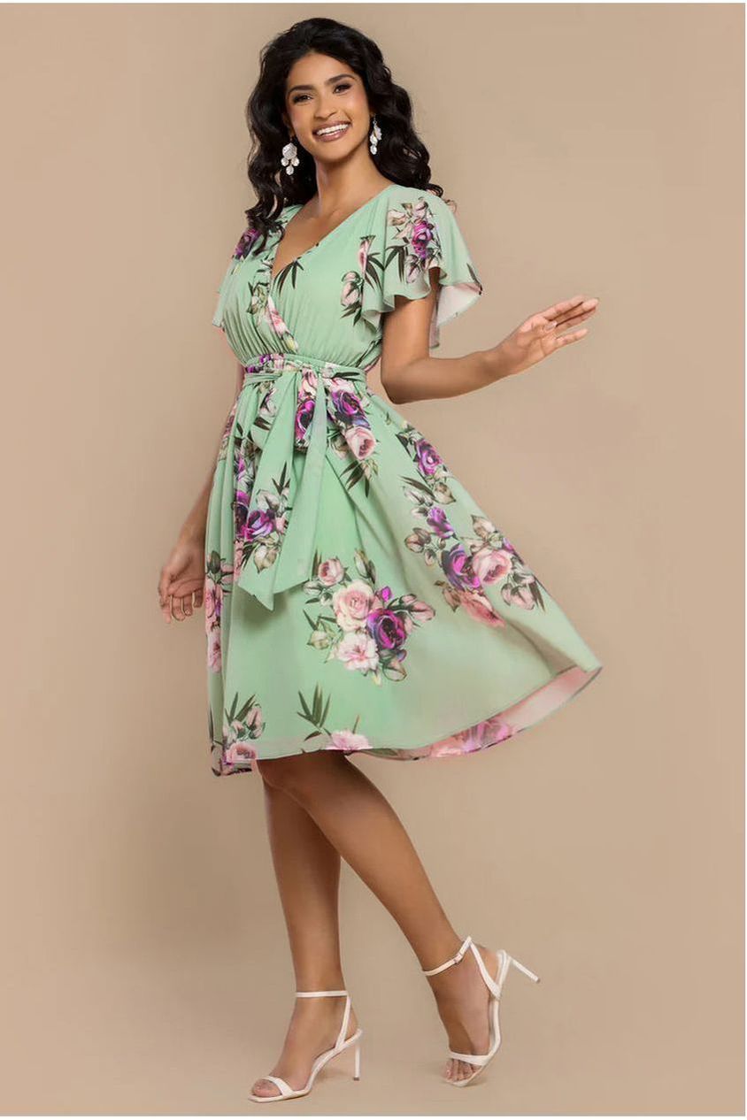 Sustainable Floral Print Midi Wrap Dress With Flutter Sleeves - Duck Egg DR1641BBS