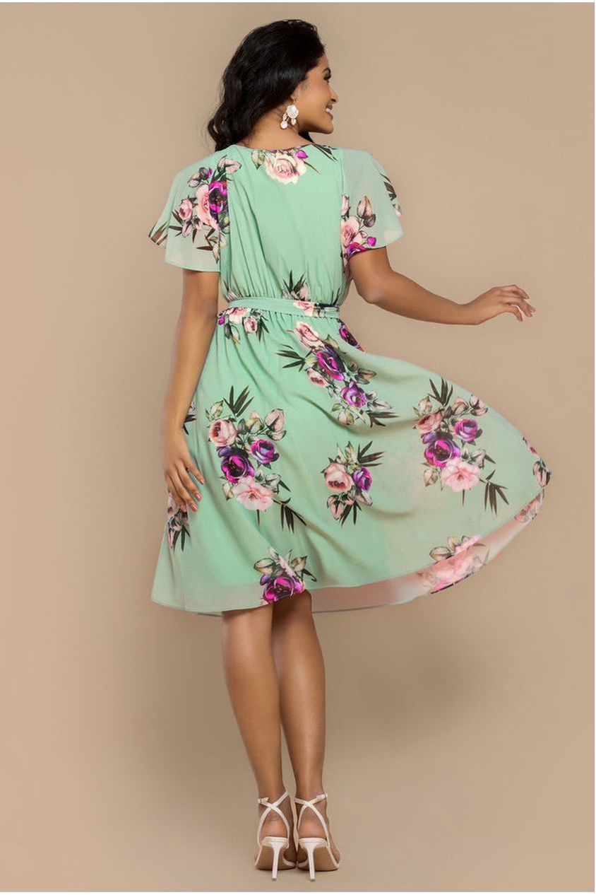 Sustainable Floral Print Midi Wrap Dress With Flutter Sleeves - Duck Egg DR1641BBS