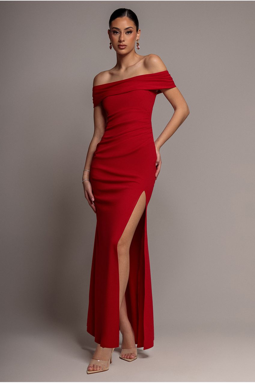 Off The Shoulder Maxi Dress With Split - Red DR1878