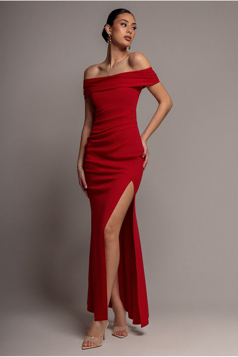 Off The Shoulder Maxi Dress With Split - Red by Goddiva