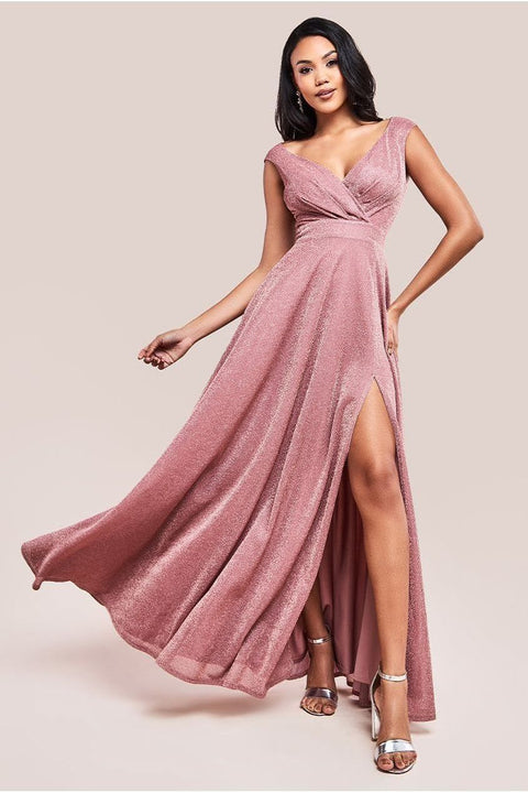 Crossover Lurex Glitter Maxi Dress - Dark Rose by Goddiva