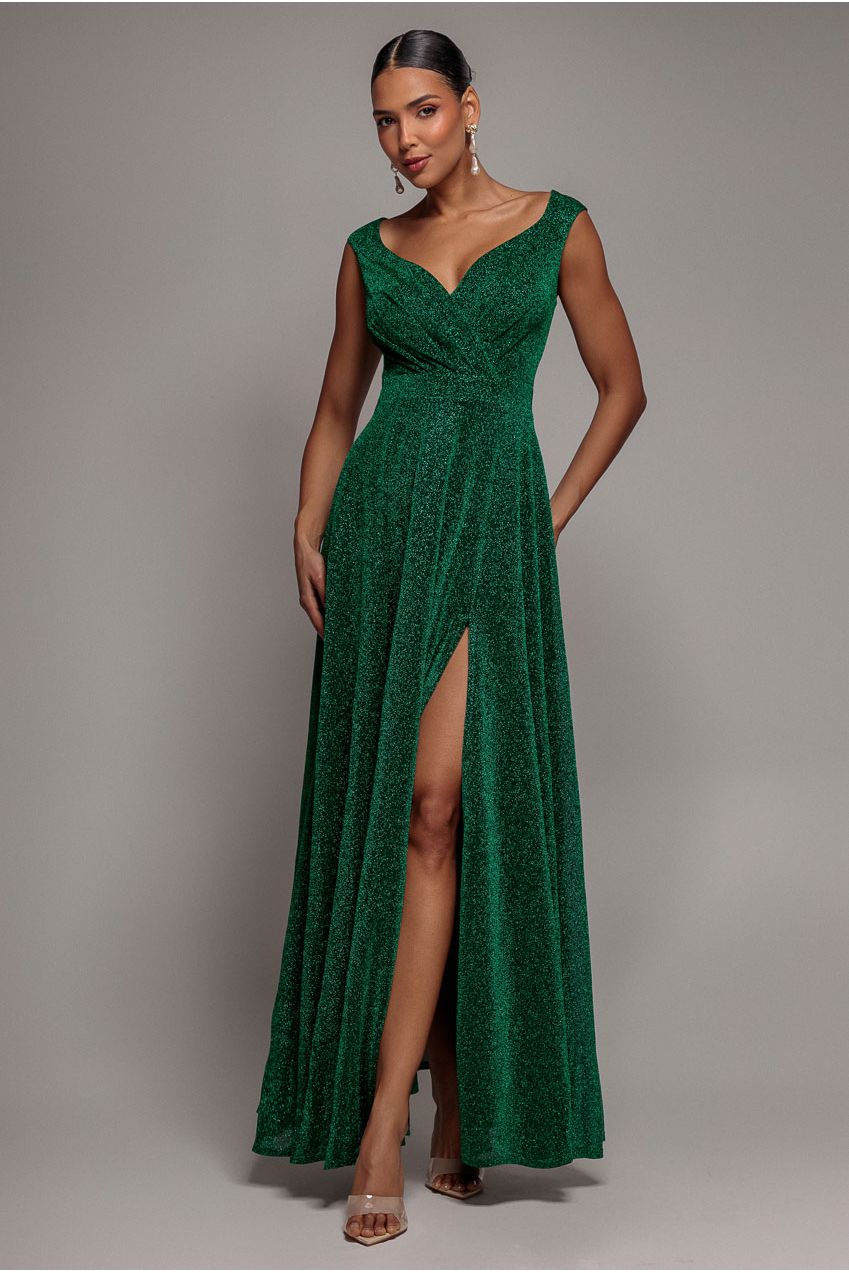 Crossover Lurex Glitter Maxi Dress - Emerald DR1886