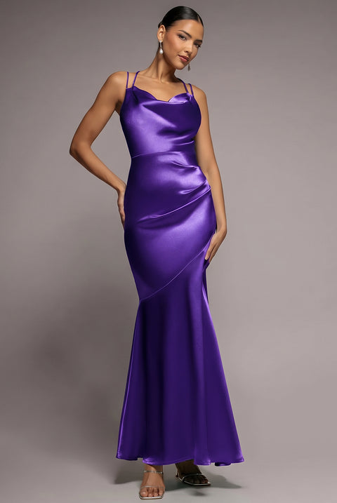 Cowl Neck With Strappy Back Satin Maxi - Purple by Goddiva