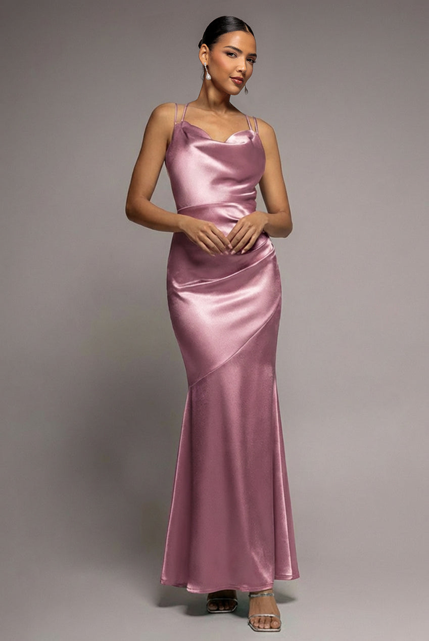 Cowl Neck With Strappy Back Satin Maxi - Blush DR2113