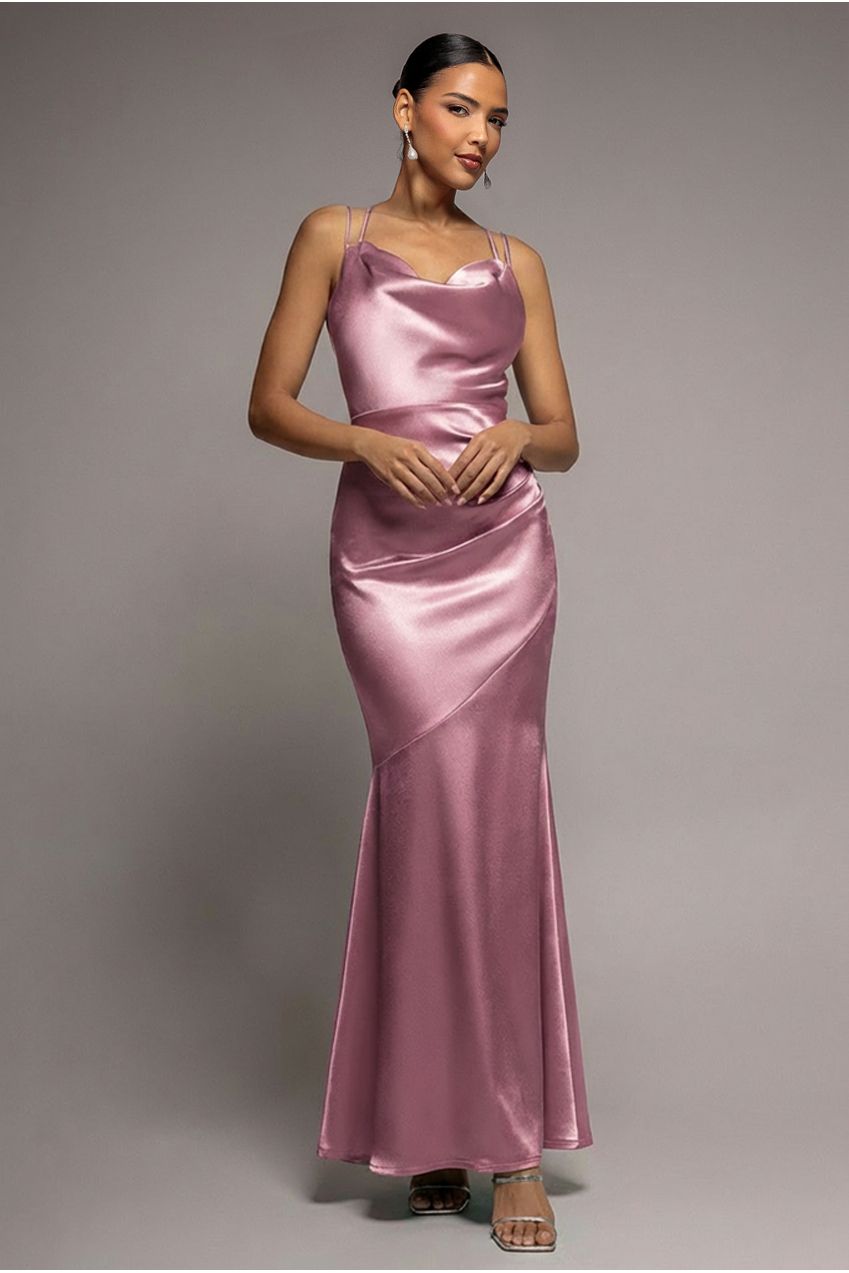 Cowl Neck With Strappy Back Satin Maxi - Blush DR2113