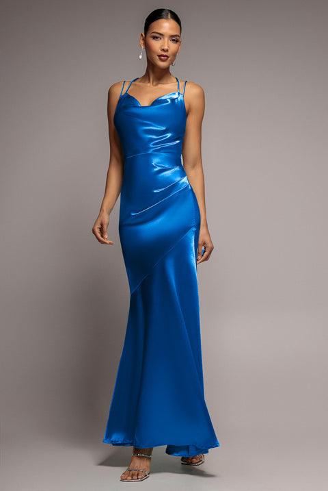 Cowl Neck With Strappy Back Satin Maxi - Royal Blue by Goddiva
