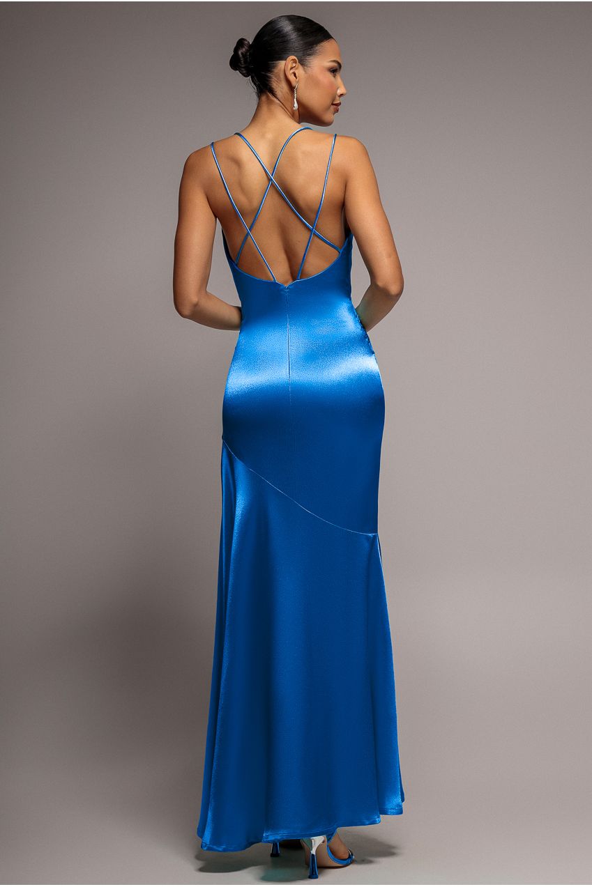 Cowl Neck With Strappy Back Satin Maxi - Royal Blue DR2113