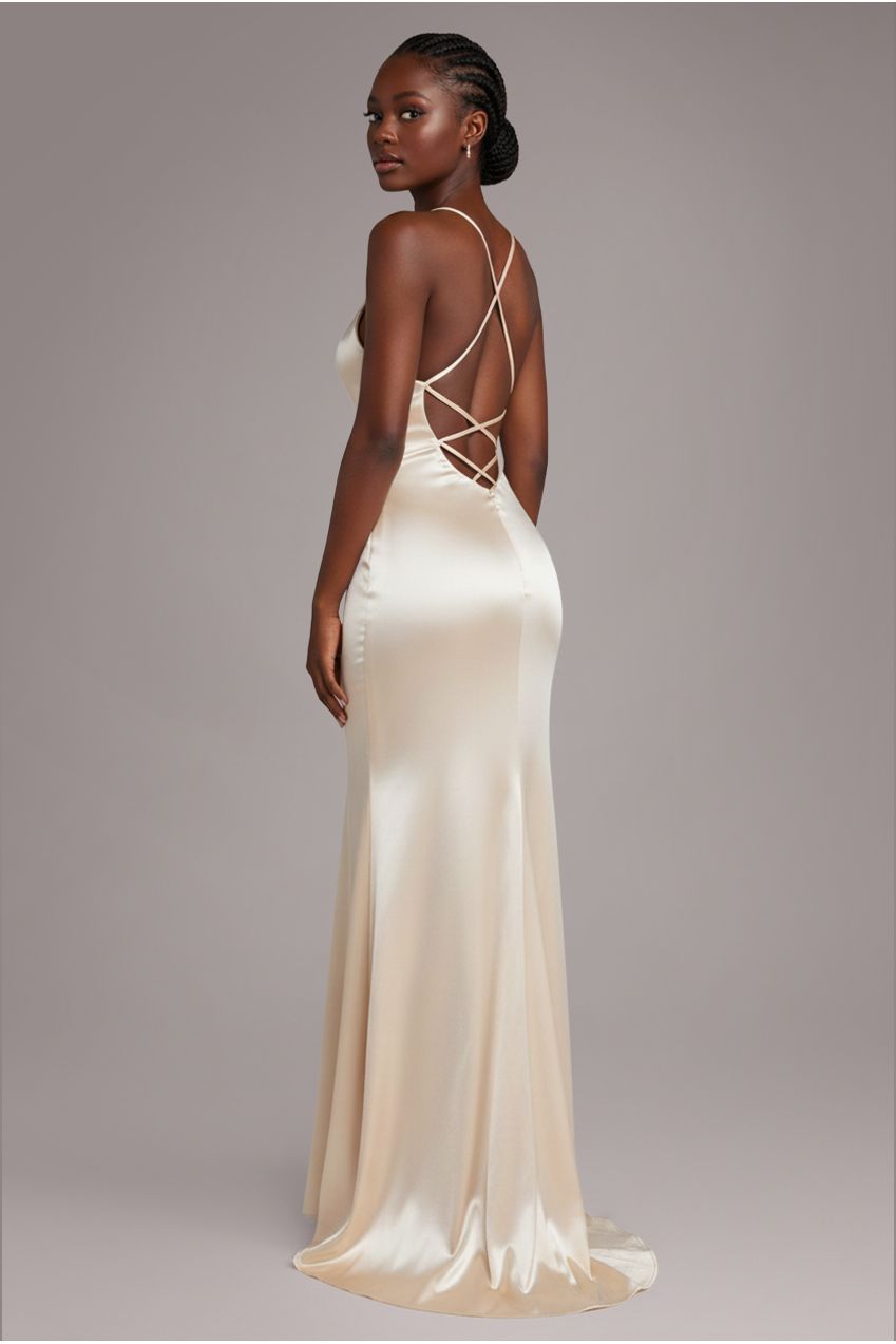 Satin Cowl Neck With Strappy Back Maxi - Champagne DR2113QZ