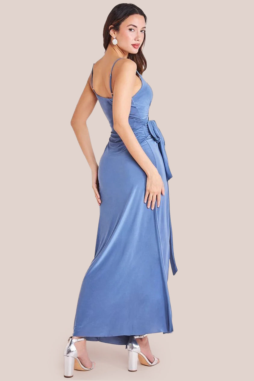 Wrap Front Maxi Slip Dress With Waist Tie-Up - Cloudy Blue DR2250C