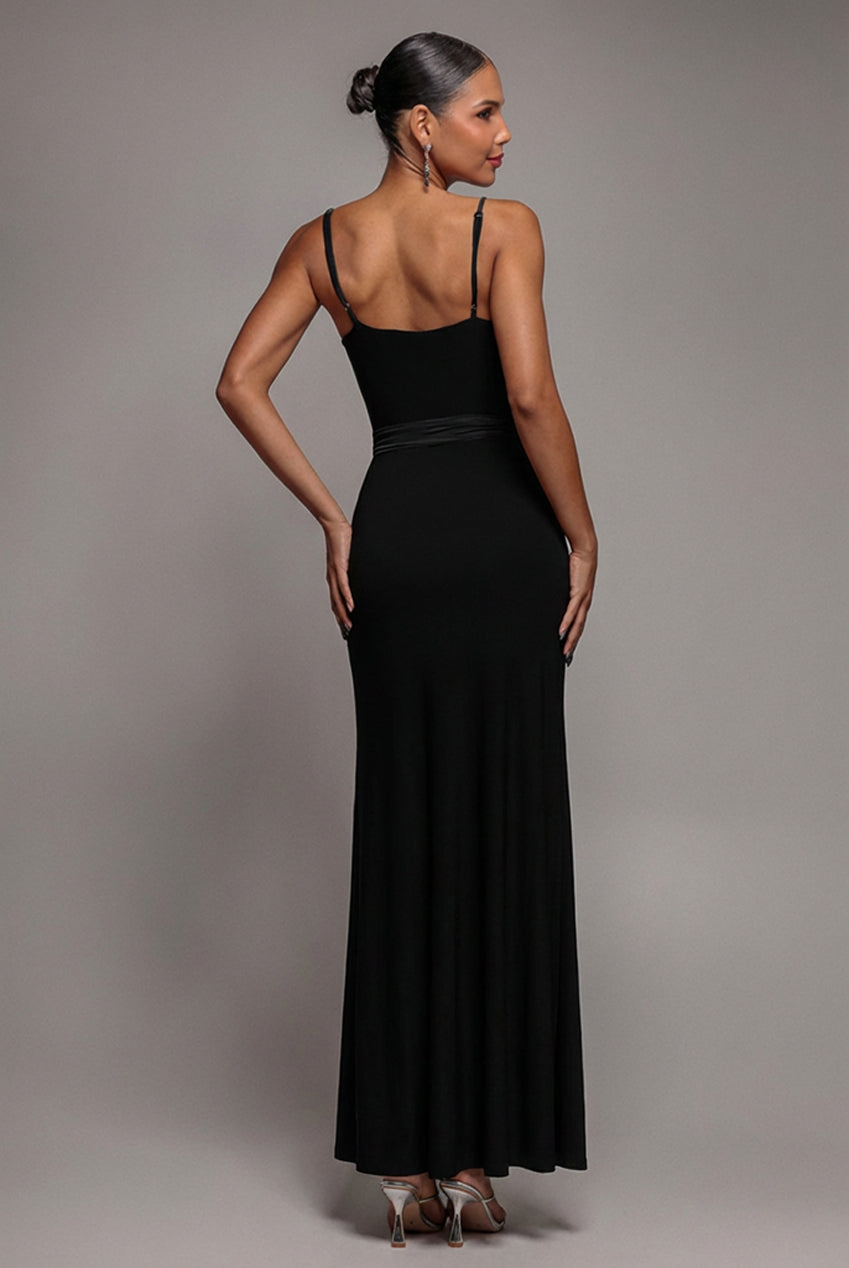 Wrap Front Maxi Slip Dress With Waist Tie-Up - Black DR2250C