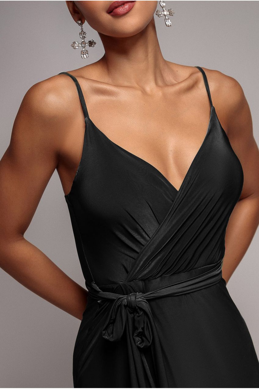 Wrap Front Maxi Slip Dress With Waist Tie-Up - Black DR2250C