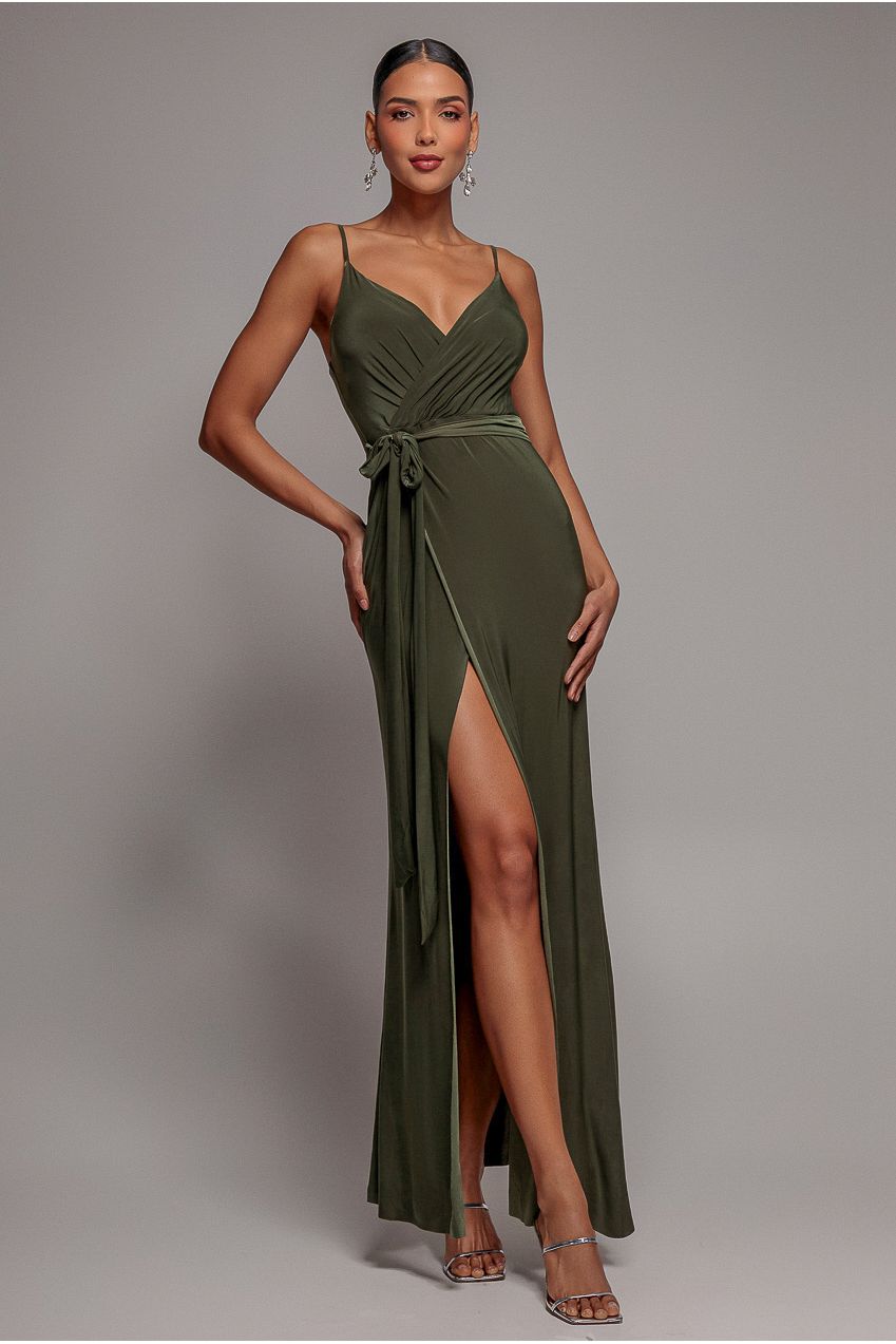 Wrap Front Maxi Slip Dress With Waist Tie-Up - Olive Green | Goddiva Wrap Front Maxi Slip Dress With Waist Tie-Up - Olive Green | Goddiva