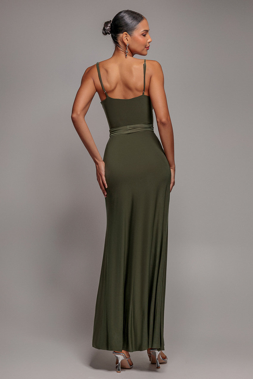 Wrap Front Maxi Slip Dress With Waist Tie-Up - Olive Green DR2250C