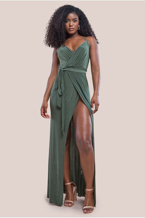 Wrap Front Maxi Slip Dress With Waist Tie-Up - Olive Green by City Goddess