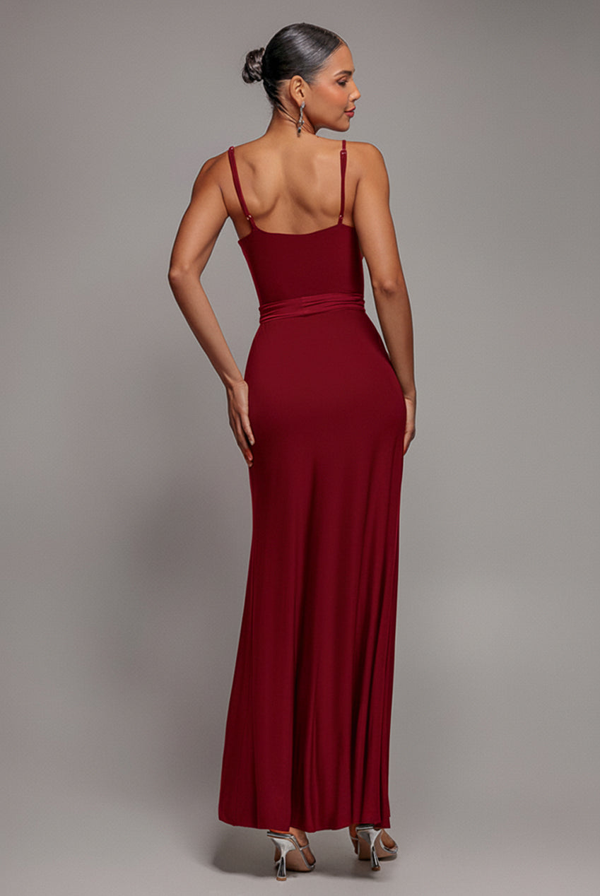 Wrap Front Maxi Slip Dress With Waist Tie-Up - Wine DR2250