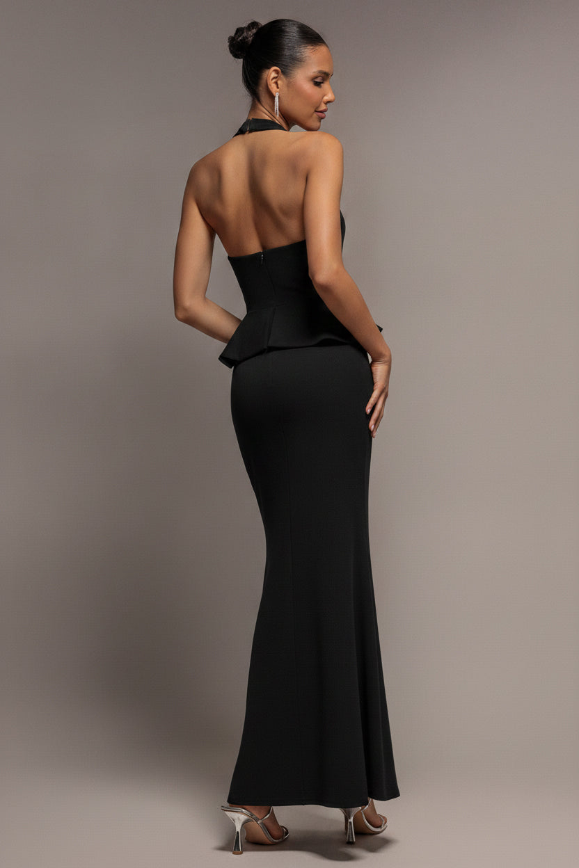 Peplum Halter Neck Maxi Dress With Diamante Buckle - Black DR2345
