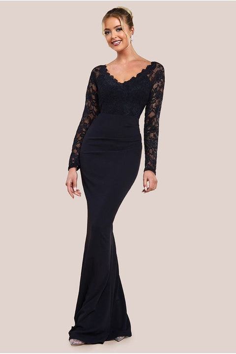 Scalloped Lace & Scuba Maxi Dress - Black by Goddiva
