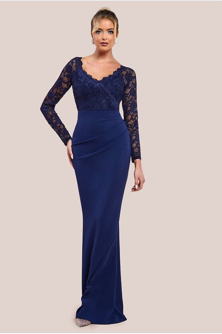 Scalloped Lace & Scuba Maxi Dress - Navy | Goddiva Scalloped Lace & Scuba Maxi Dress - Navy | Goddiva