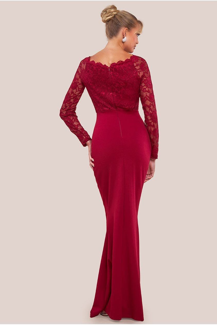 Scalloped Lace & Scuba Maxi Dress - Wine DR2449C