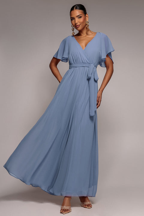 Chiffon Flutter Sleeve Wrap Maxi Dress - Airforce Blue by Goddiva