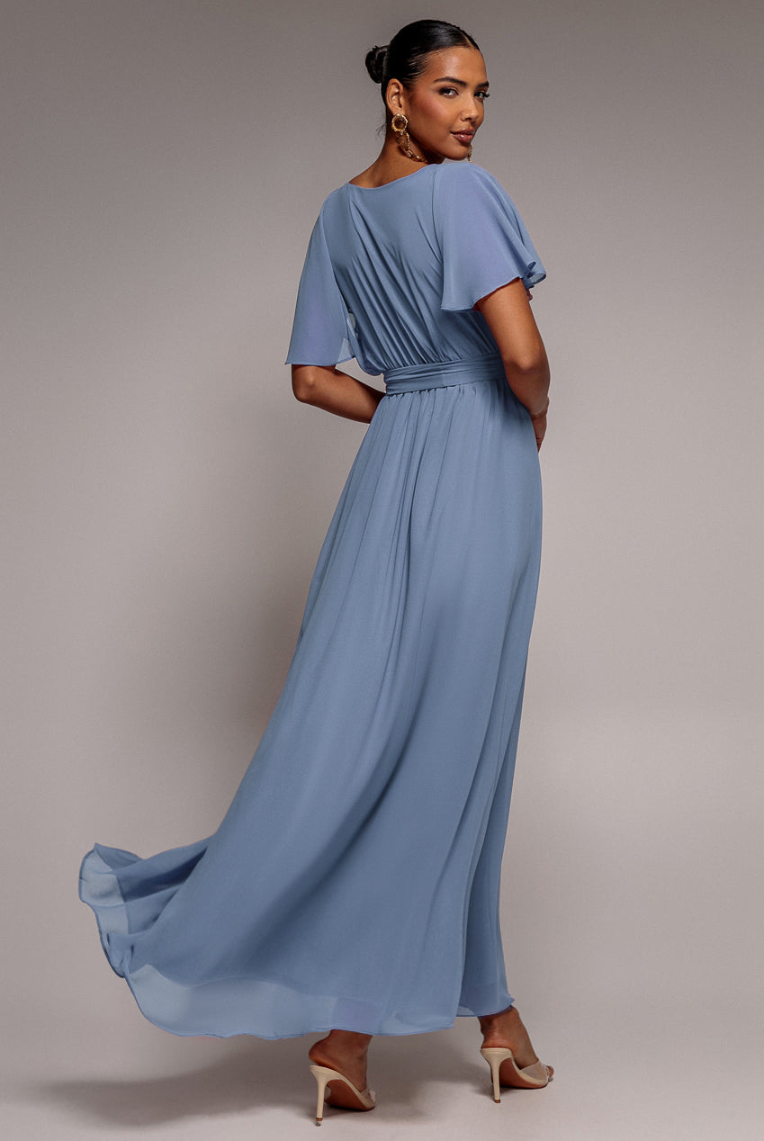 Chiffon Flutter Sleeve Wrap Maxi Dress - Airforce Blue DR2486