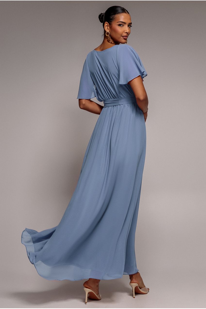 Chiffon Flutter Sleeve Wrap Maxi Dress - Airforce Blue DR2486