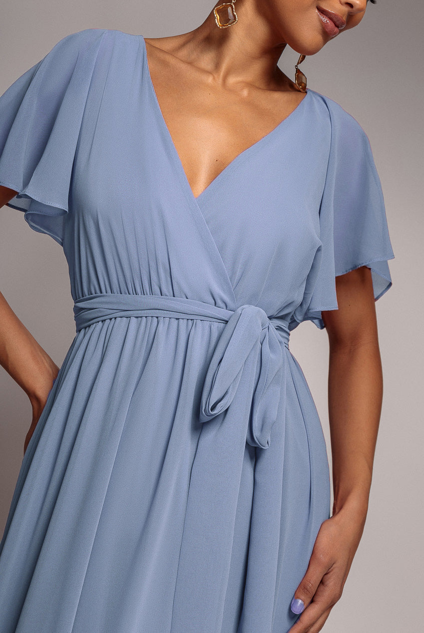Chiffon Flutter Sleeve Wrap Maxi Dress - Airforce Blue DR2486