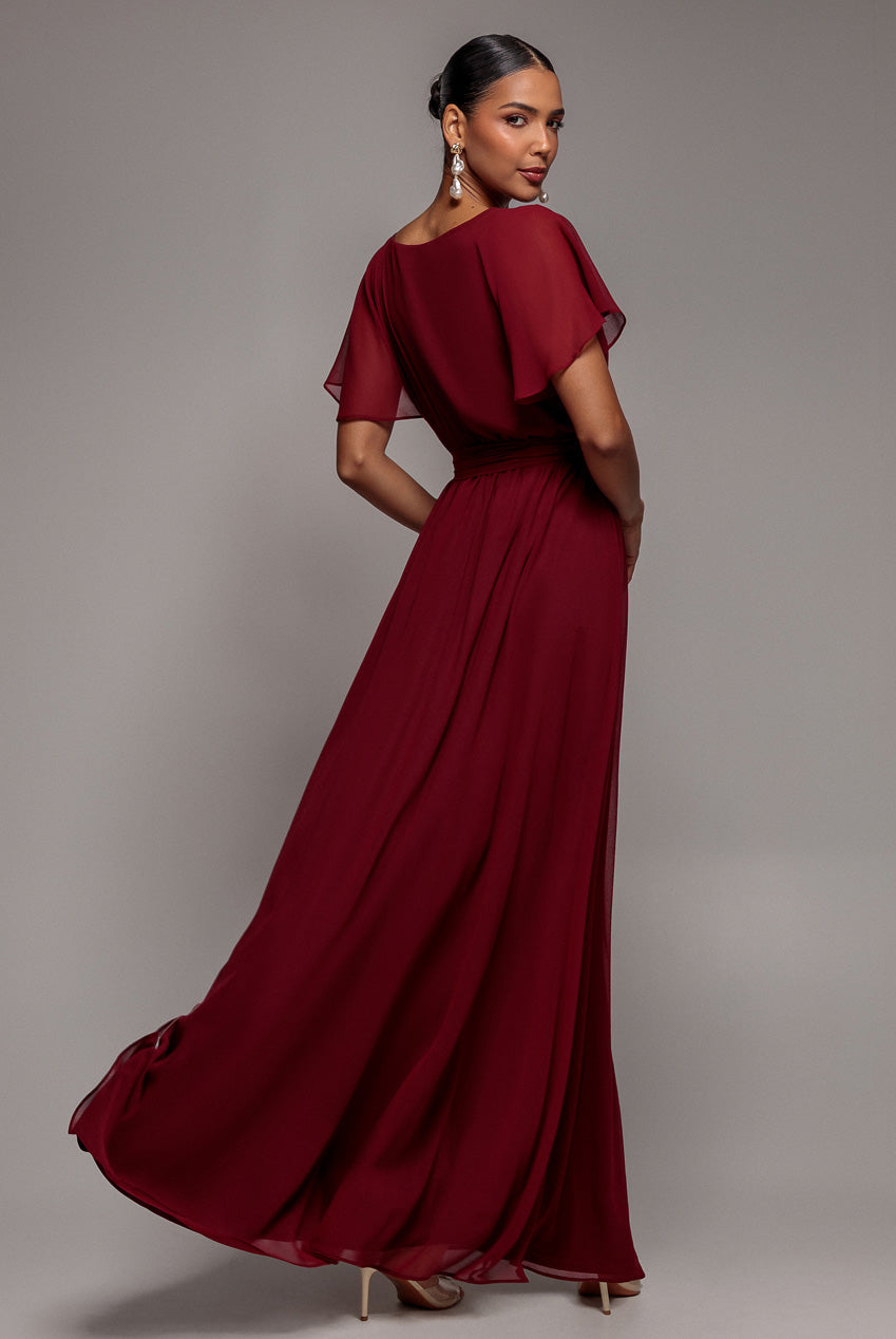 Sustainable Chiffon Flutter Sleeve Wrap Maxi Dress - Berry DR2486BBS