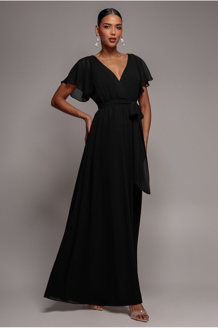 Chiffon Flutter Sleeve Wrap Maxi Dress - Black DR2486D