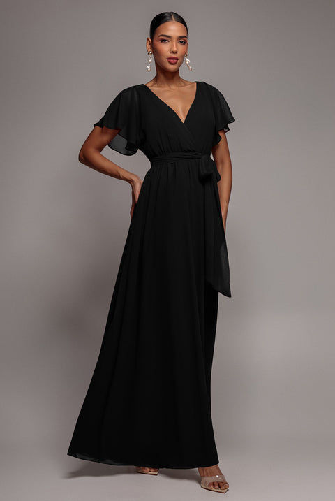 Chiffon Flutter Sleeve Wrap Maxi Dress - Black by Goddiva