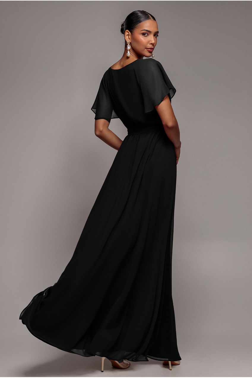 Chiffon Flutter Sleeve Wrap Maxi Dress - Black DR2486D