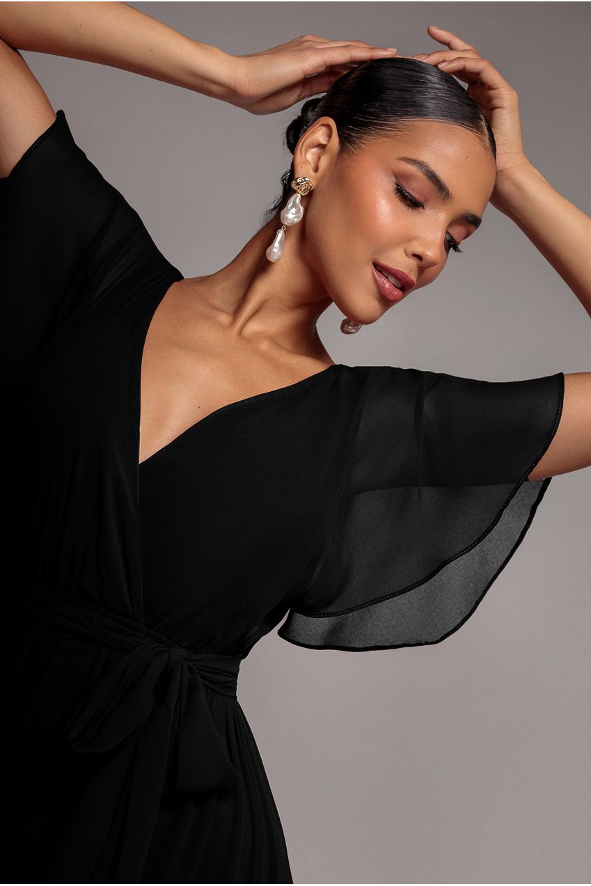Chiffon Flutter Sleeve Wrap Maxi Dress - Black DR2486D