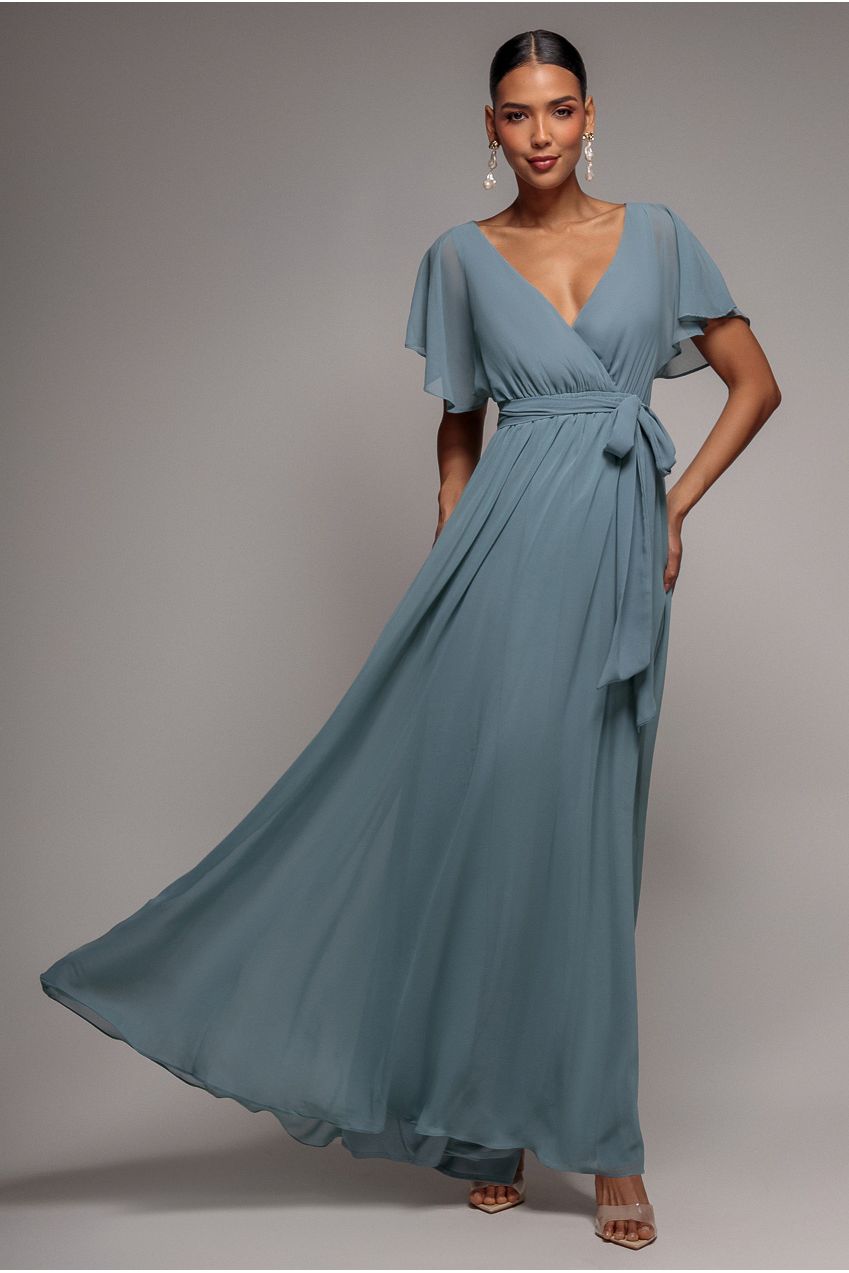 Chiffon Flutter Sleeve Wrap Maxi Dress - Dusty Blue DR2486