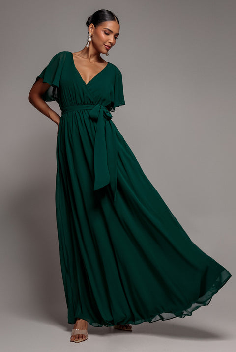 Sustainable Chiffon Flutter Sleeve Wrap Maxi Dress - Green by Goddiva