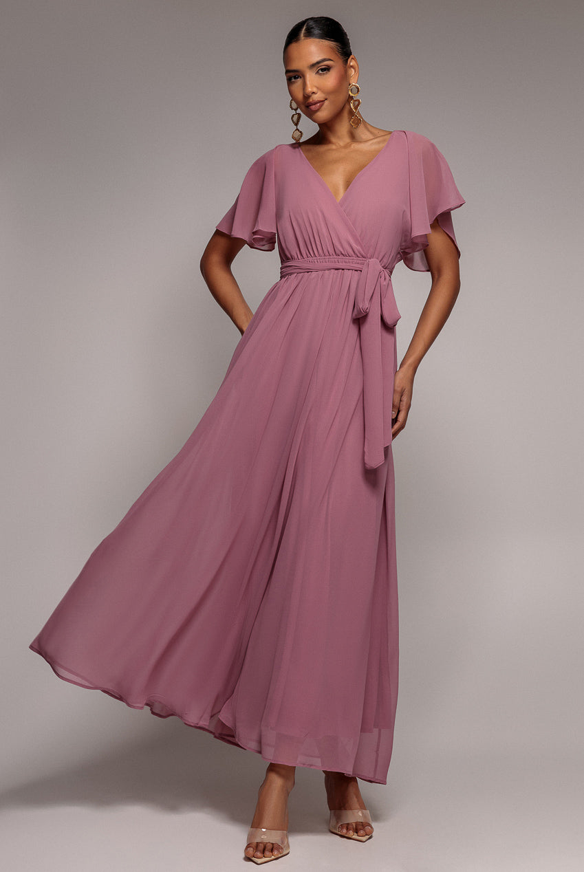 Sustainable Chiffon Flutter Sleeve Wrap Maxi Dress - Lavender | Goddiva Sustainable Chiffon Flutter Sleeve Wrap Maxi Dress - Lavender | Goddiva