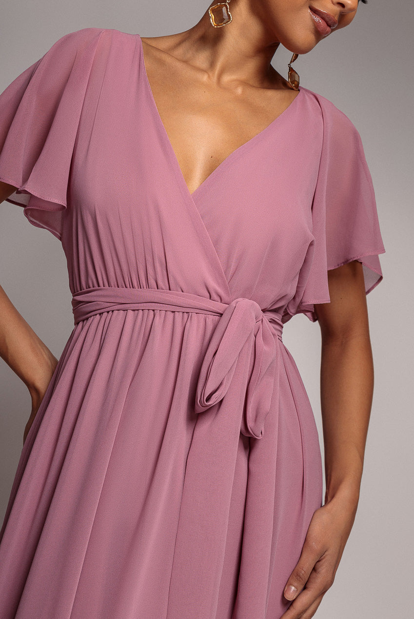 Sustainable Chiffon Flutter Sleeve Wrap Maxi Dress - Lavender DR2486BBS