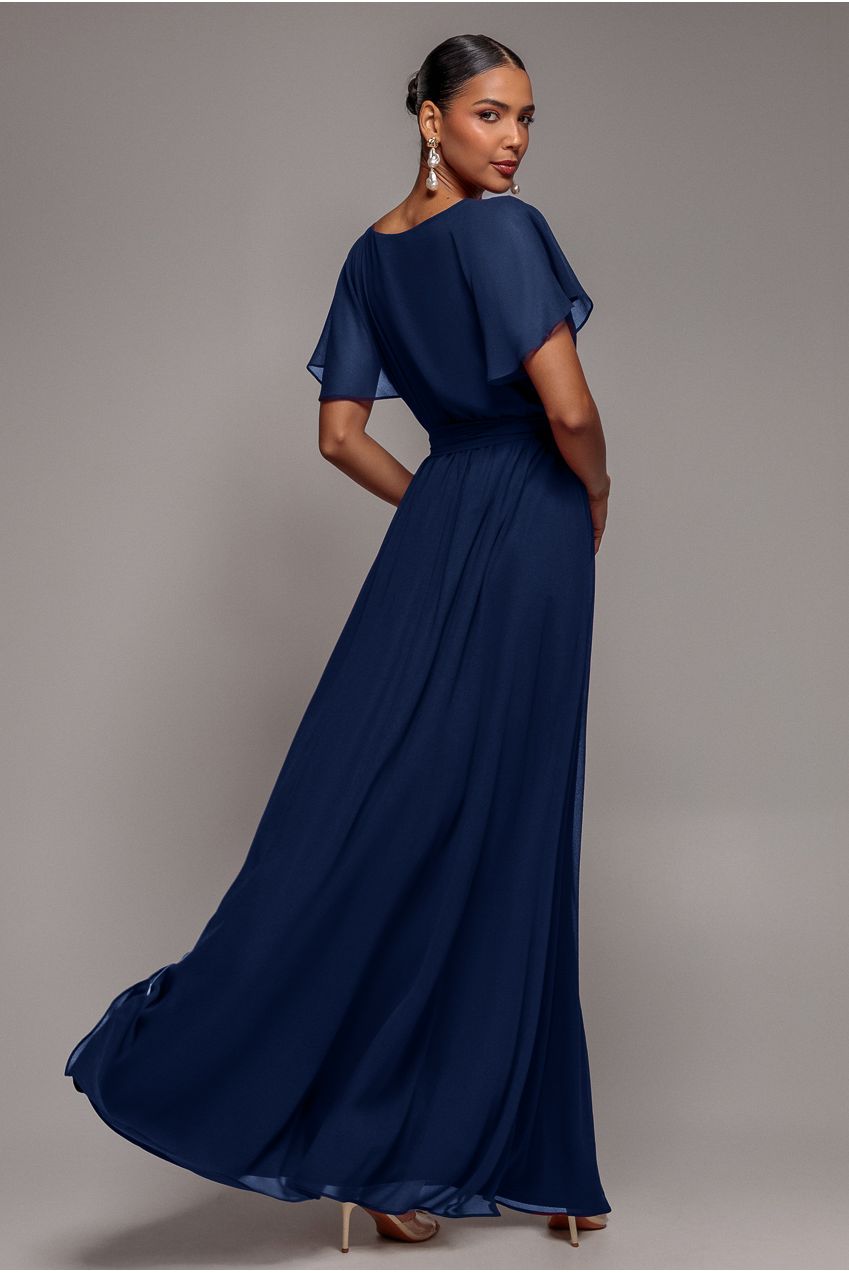 Sustainable Chiffon Flutter Sleeve Wrap Maxi Dress - Navy DR2486BBS