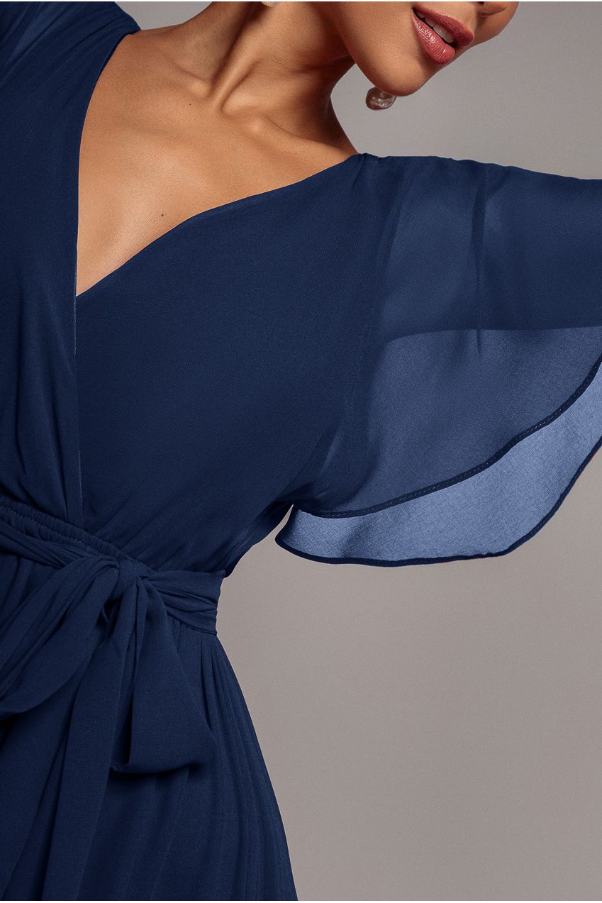 Sustainable Chiffon Flutter Sleeve Wrap Maxi Dress - Navy DR2486BBS