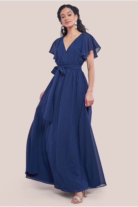 Sustainable Chiffon Flutter Sleeve Wrap Maxi Dress - Navy by Goddiva