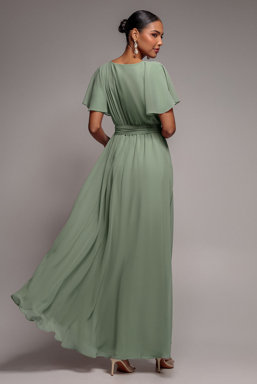 Sustainable Chiffon Flutter Sleeve Wrap Maxi Dress - Sagegreen DR2486BBS