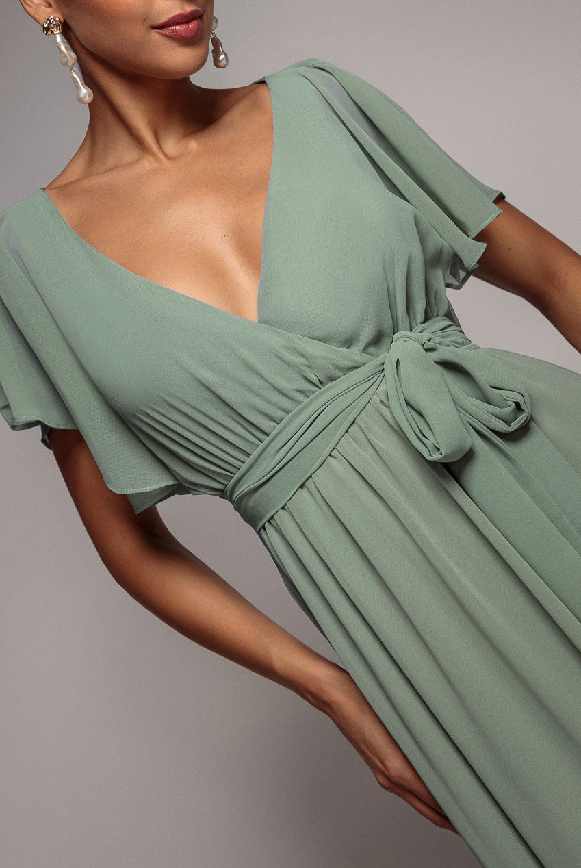 Sustainable Chiffon Flutter Sleeve Wrap Maxi Dress - Sagegreen DR2486BBS
