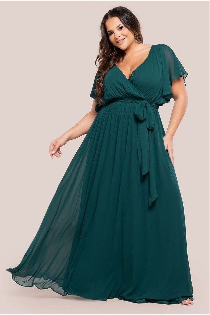 Flutter Sleeve Wrap Maxi Dress - Emerald Green DR2486P