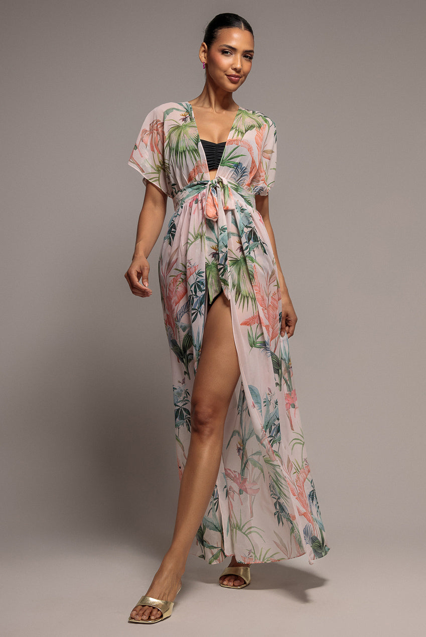 Palm Print Flutter Sleeve Kimono Maxi Dress - Palm Print DR2497