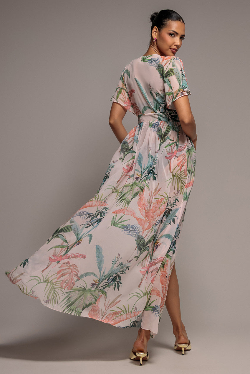 Palm Print Flutter Sleeve Kimono Maxi Dress - Palm Print DR2497