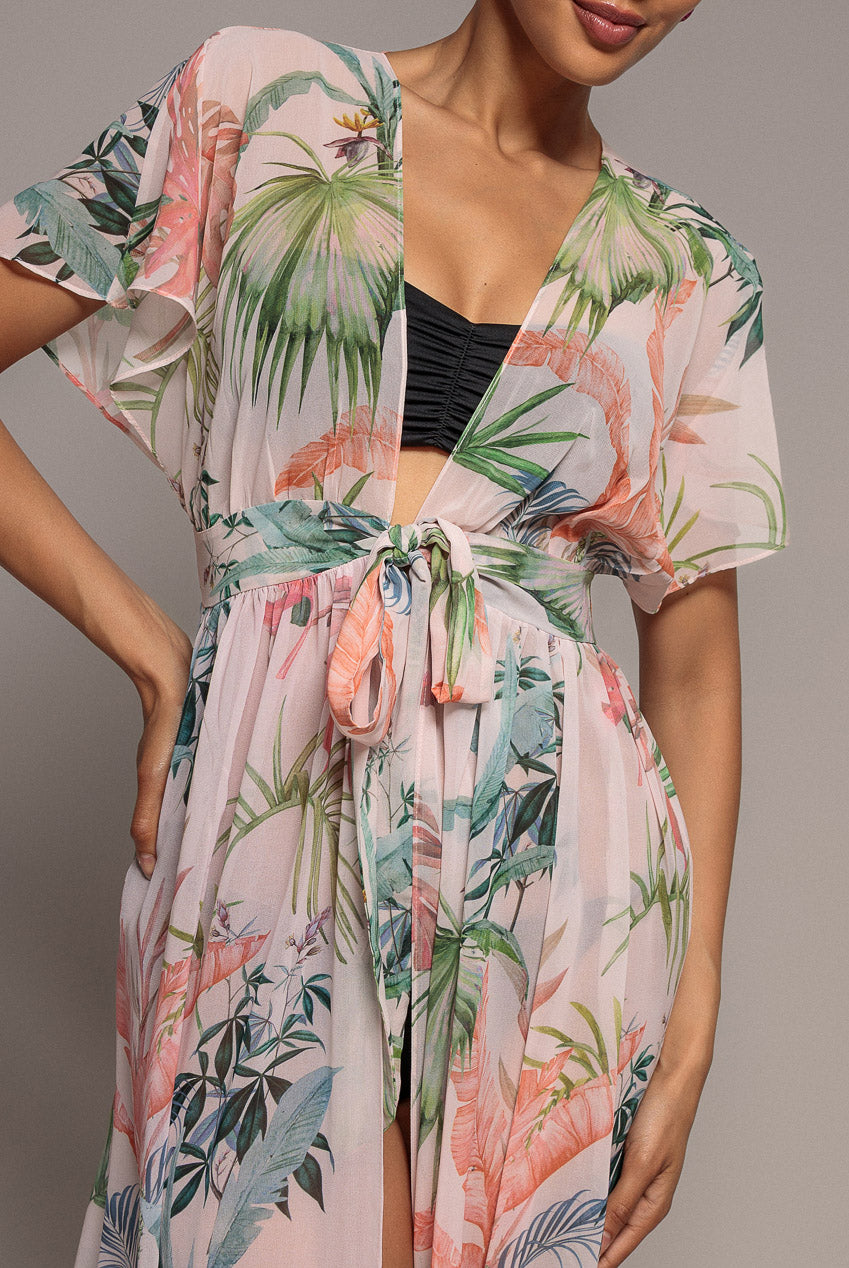 Palm Print Flutter Sleeve Kimono Maxi Dress - Palm Print DR2497