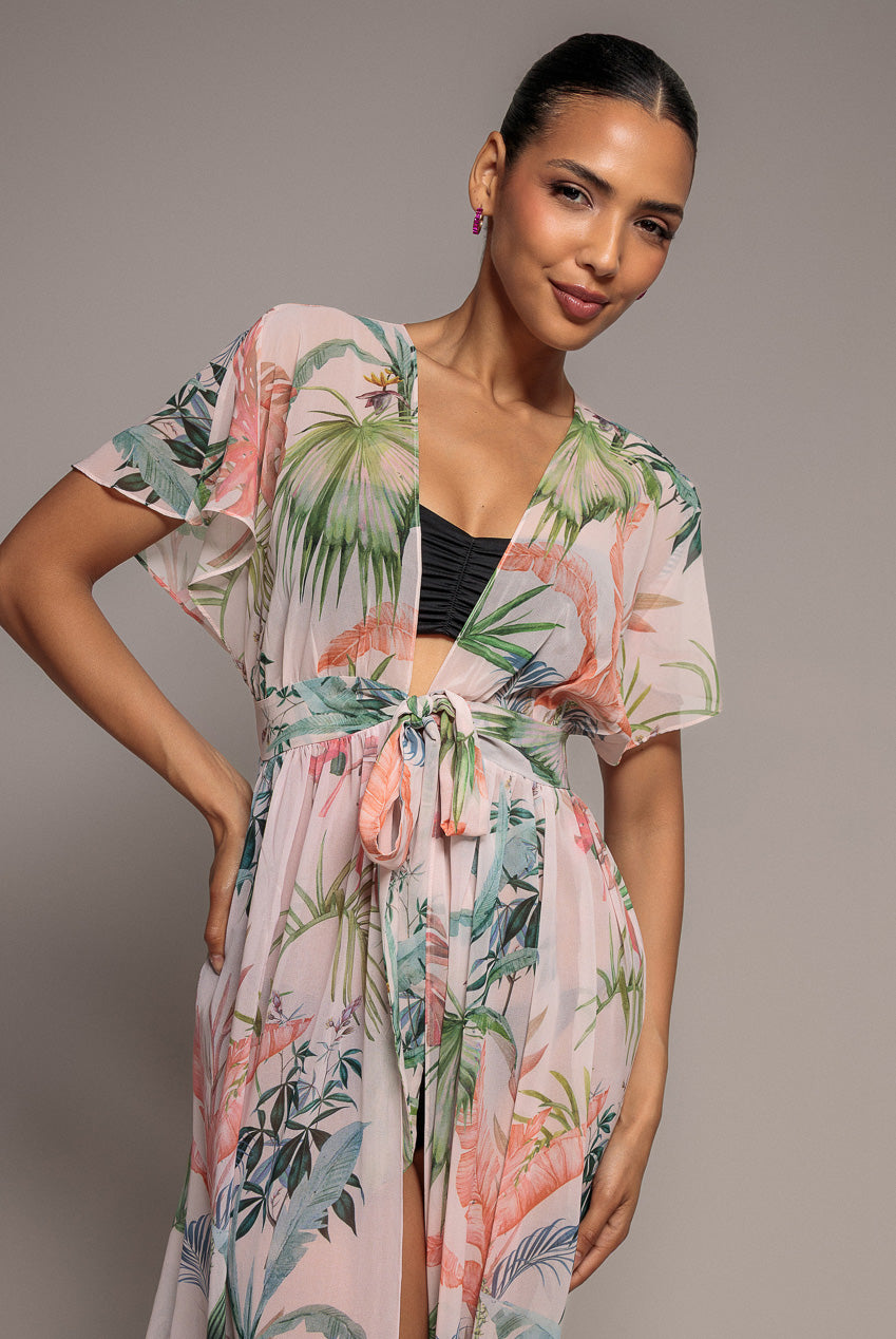 Palm Print Flutter Sleeve Kimono Maxi Dress - Palm Print DR2497