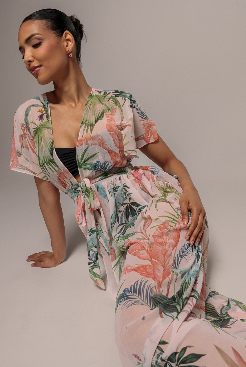 Palm Print Flutter Sleeve Kimono Maxi Dress - Palm Print DR2497