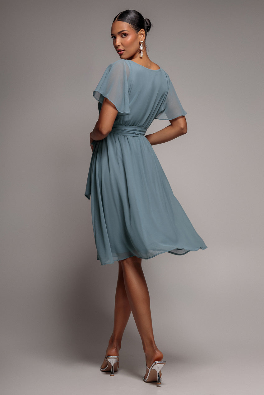 Chiffon Flutter Sleeve Wrap Midi Dress - Airforce Blue DR2555B
